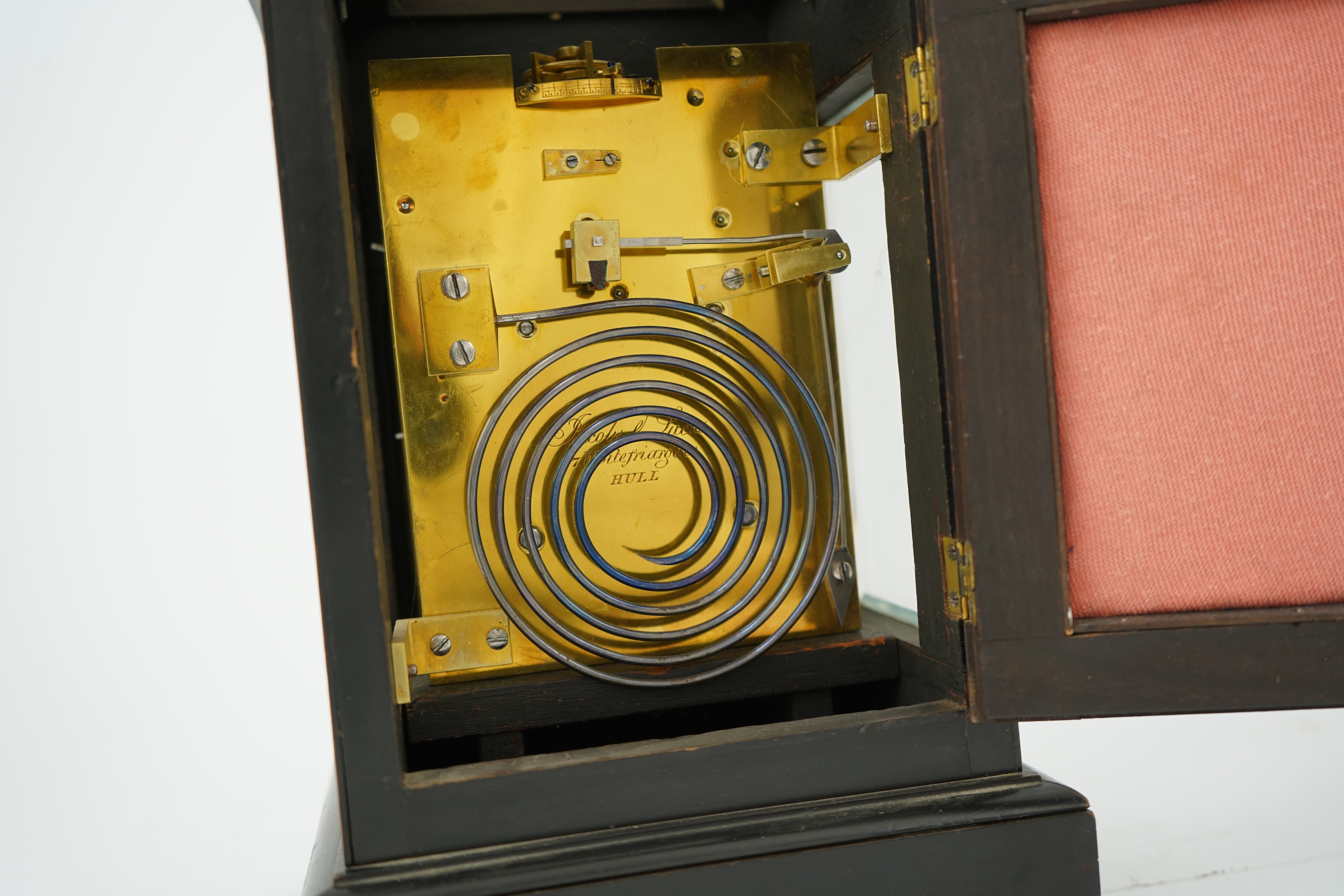 A mid-19th century ebonised double fusee mantel clock by Jacobs and Lucas, 7, Whitefriargate, Hull